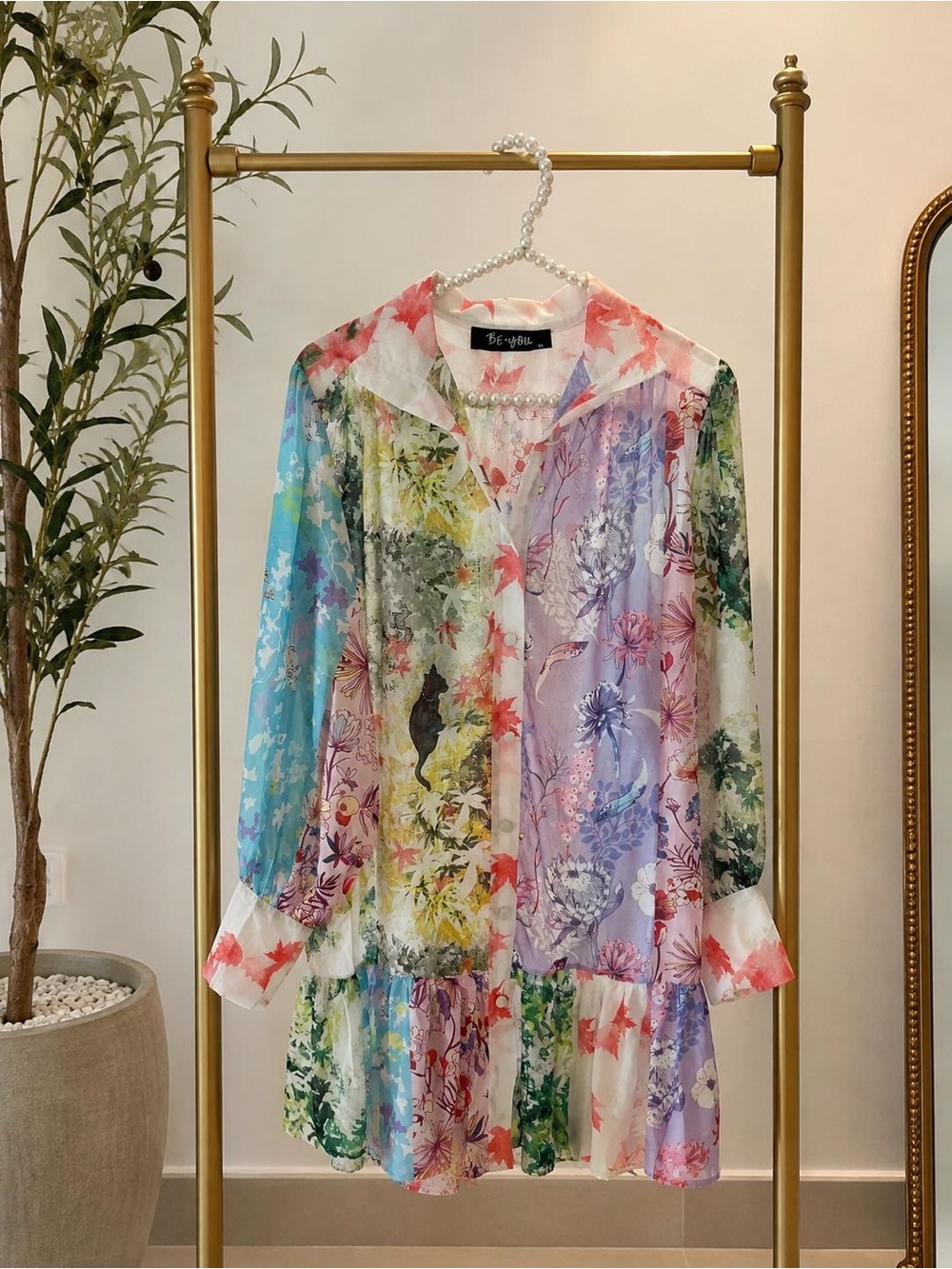 Pastel Multicolor Floral Mini Dress with Ruffle Hem